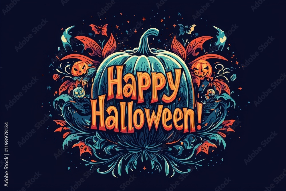 A colorful Halloween design showcases a large pumpkin surrounded by bats, leaves, and ghostly figures. Bold text reading Happy Halloween! captures the festive spirit of the occasion.