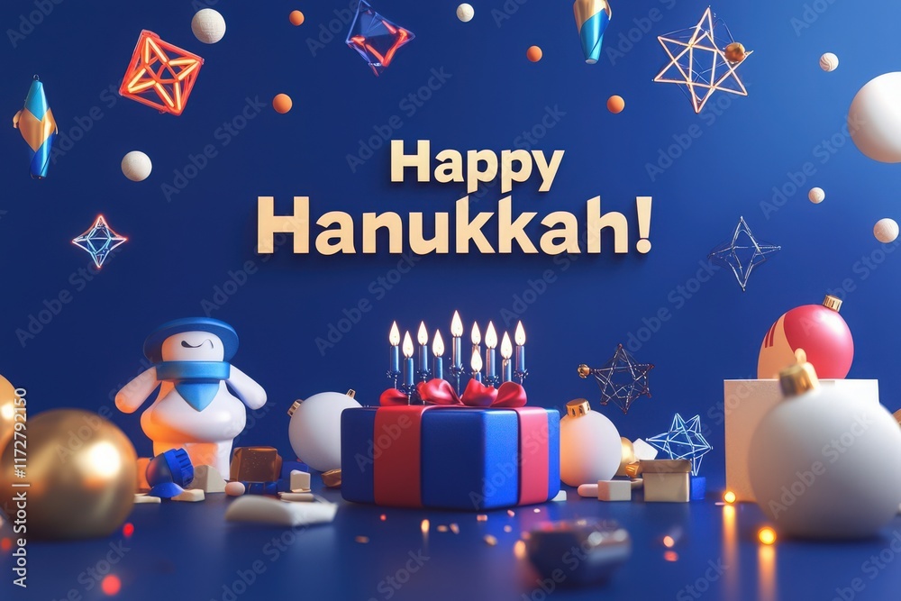 A colorful Hanukkah setting features a decorated blue background with candles, a gift, and festive ornaments. This joyful scene captures the spirit of the holiday celebration.