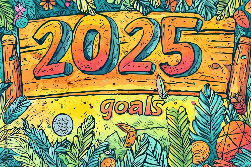 A colorful and artistic depiction of the year 2025 framed by lush greenery and various plants. The focus is on setting goals for the future in an imaginative and inspiring way.