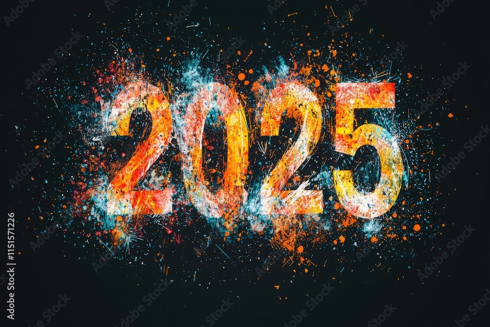 A colorful and dynamic display features the number 2025, designed with abstract splashes and textures. The vivid colors blend harmoniously, creating an energetic and modern look.