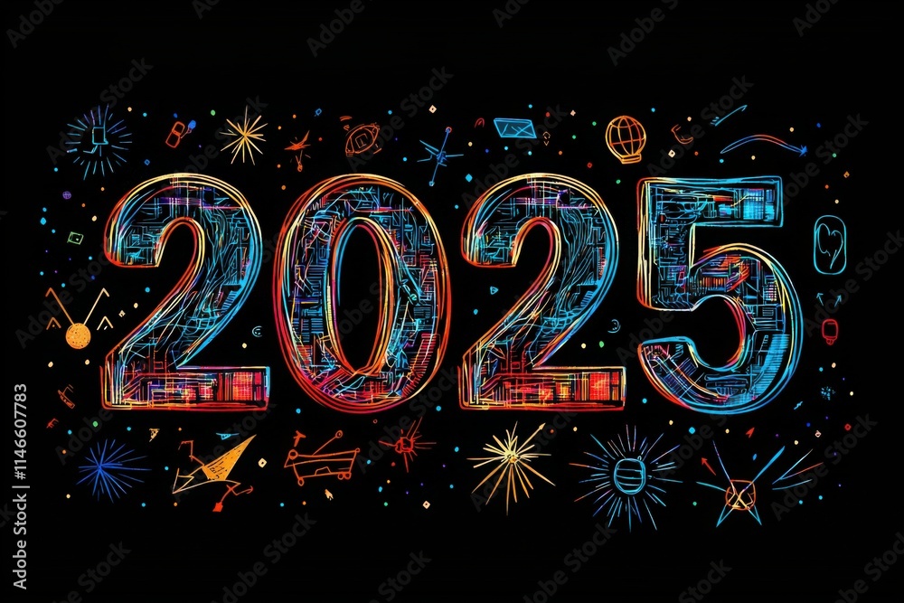 A colorful and intricate digital artwork showcases the year 2025 in vibrant hues. Patterns and abstract shapes surround the numbers, creating an energetic and festive vibe.