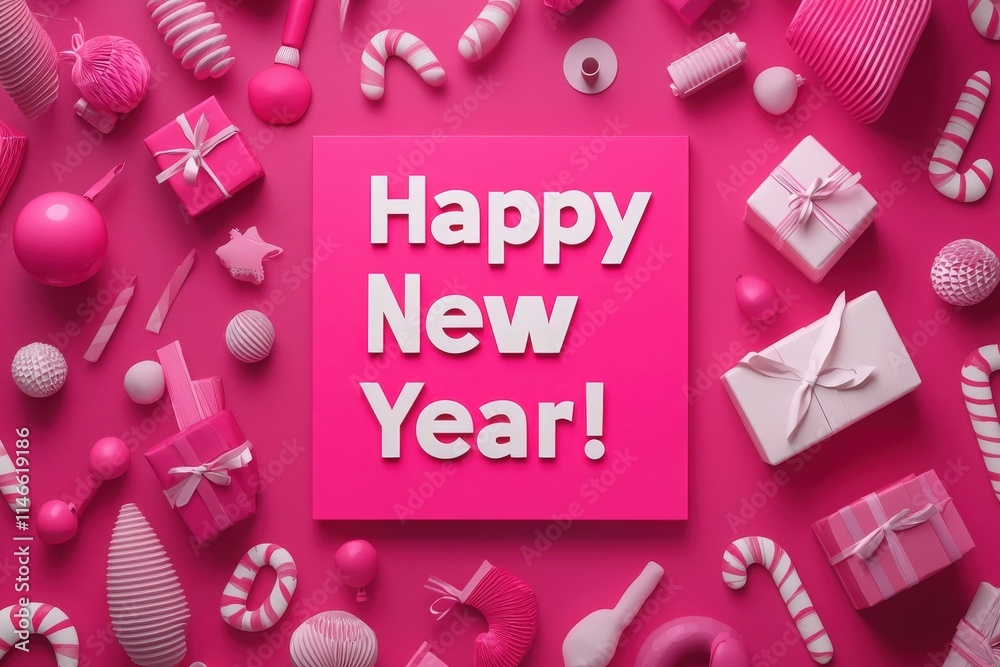 A colorful arrangement features pink gifts, candy canes, and festive ornaments. The central square displays the message wishing everyone a Happy New Year, creating a joyful atmosphere.