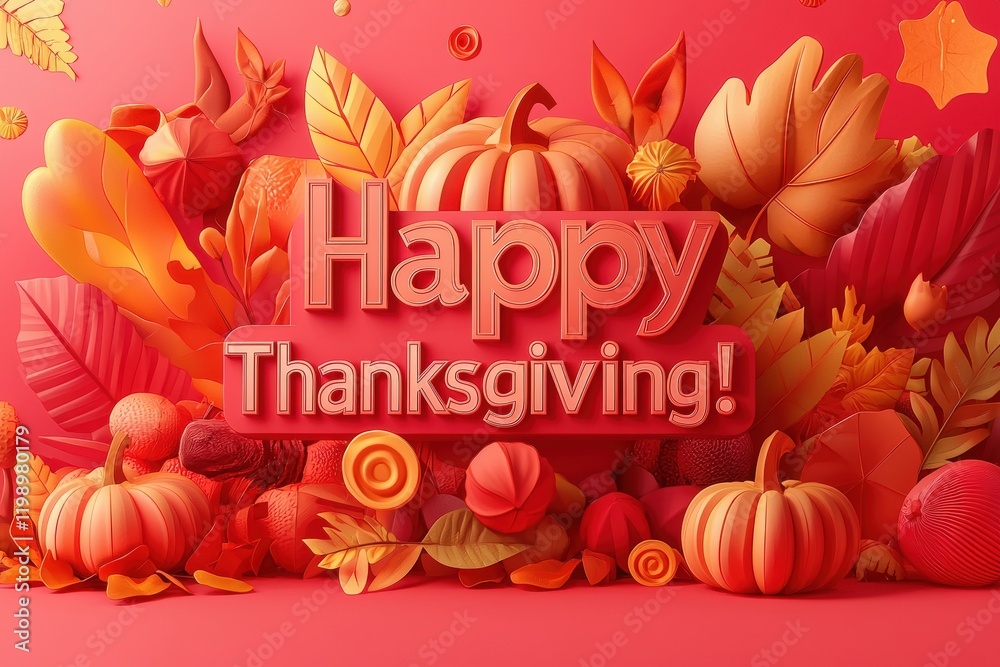 A colorful arrangement features pumpkins and autumn leaves, celebrating Thanksgiving. Warm hues of red and orange create an inviting atmosphere perfect for the holiday season.