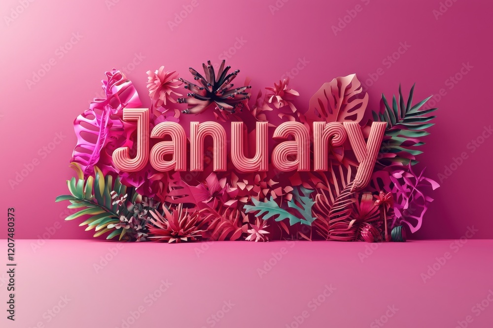A colorful arrangement featuring the word January in bold letters surrounded by various natural elements. This artistic design showcases multiple shades of pink and green, creating a lively ambiance.