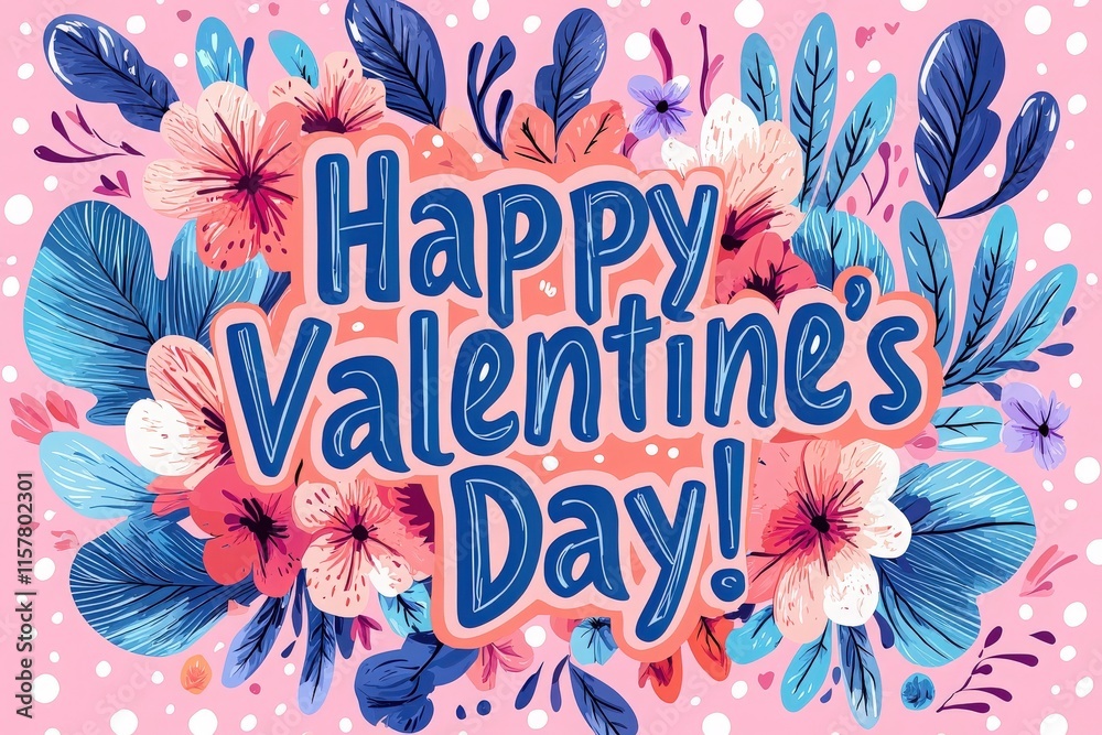 A colorful arrangement of flowers and leaves highlights a joyful Valentines Day message. The design features bright hues and playful elements, perfect for expressing love and affection.