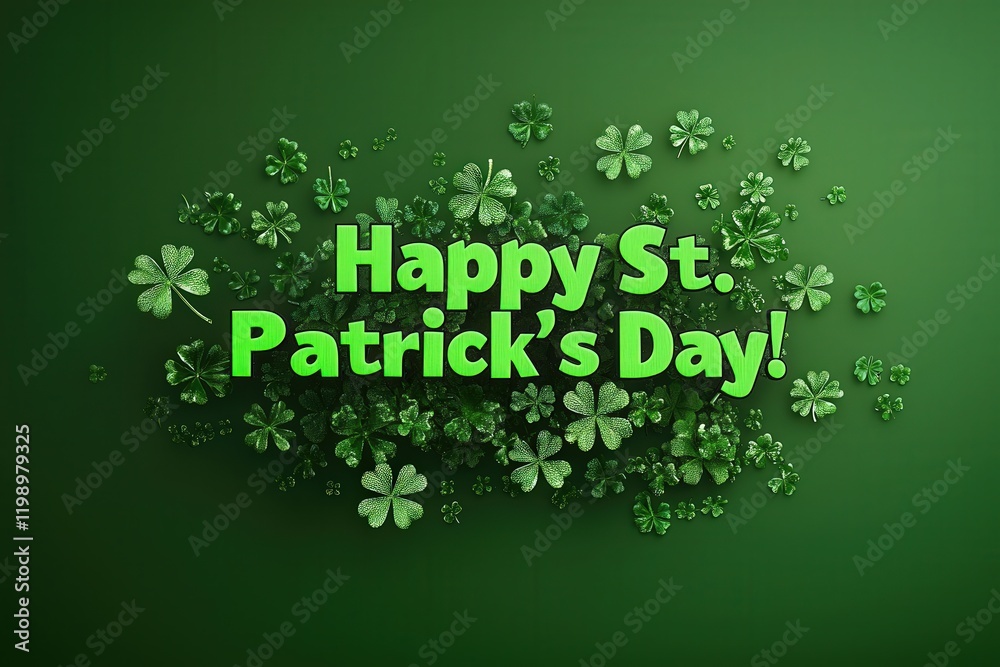 A colorful arrangement of green clovers covers the background, highlighting a cheerful message wishing everyone a happy St. Patricks Day. The festive theme captures the spirit of the holiday.