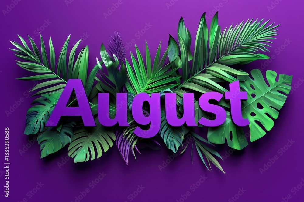 A colorful arrangement of tropical leaves surrounds the bold word August, set against a striking purple background. The design suggests a celebration of summer and nature.