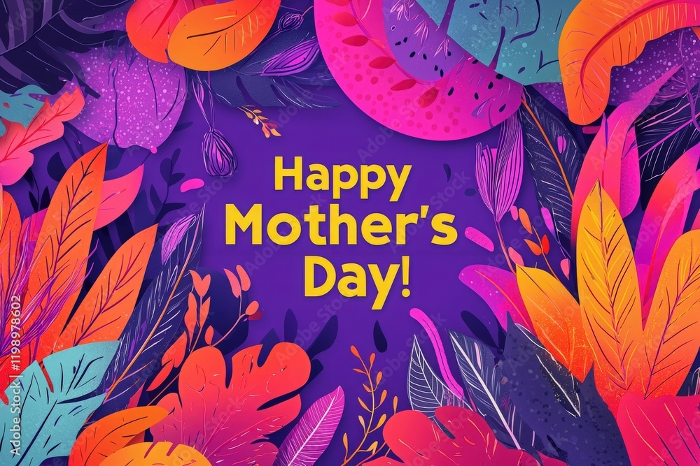 A colorful arrangement of various leaves and flowers surrounds a cheerful greeting for Mothers Day. The vivid colors and playful design create a festive atmosphere, perfect for celebration.
