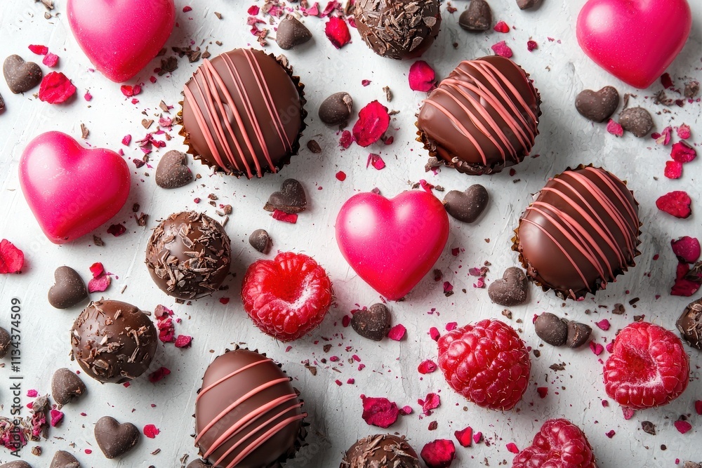A colorful array of chocolates, including heart-shaped treats and raspberry-flavored confections, is presented on a textured surface.