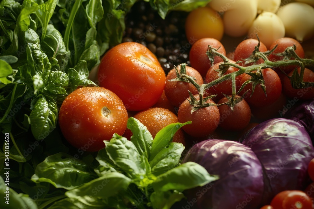 A colorful assortment of freshly picked vegetables shows ripe tomatoes, leafy greens, and various other produce. The rain droplets on the tomatoes add a fresh and inviting appeal.