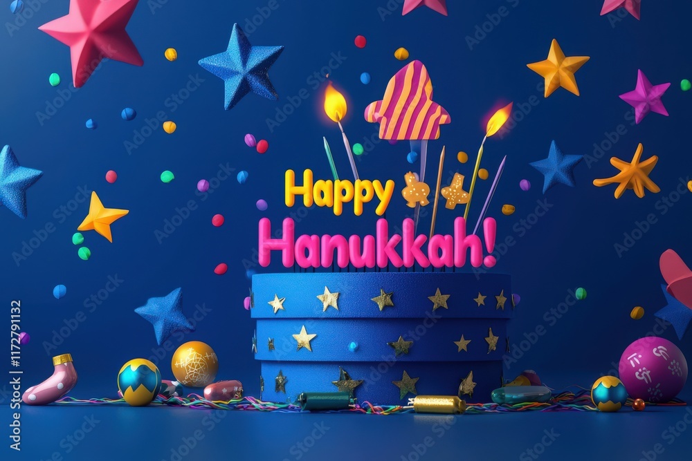 A colorful cake with candles and festive decorations captures the spirit of Hanukkah. Bright stars, dreidels, and confetti enhance the celebratory atmosphere in the background.
