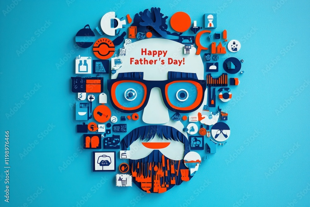 A colorful collage representing a fathers face is made with various icons and symbols. The design includes the text Happy Fathers Day prominently displayed against a bright blue background.