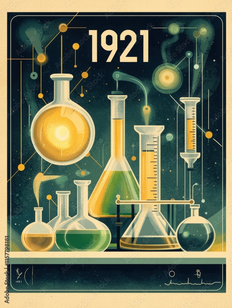 A colorful depiction of various laboratory glassware filled with vibrant liquids, set against a cosmic background. This artwork reflects the spirit of scientific discovery in 1921.