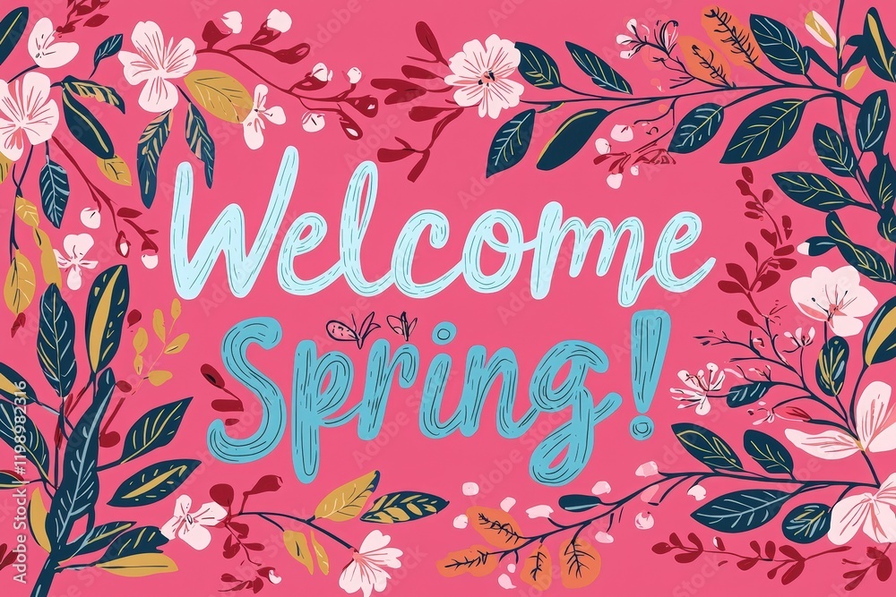 A colorful design featuring vibrant flowers and leaves celebrates the arrival of spring with the welcoming message. The background is a cheerful pink, enhancing the lively atmosphere.