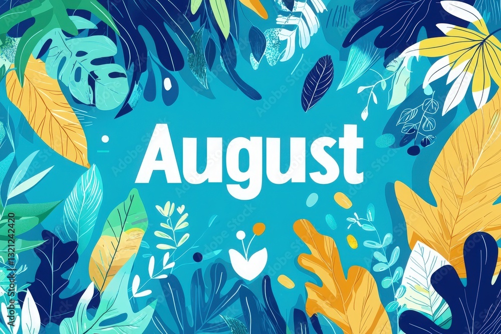 A colorful design filled with tropical leaves and foliage surrounds the word August. The background features shades of blue, green, and yellow, creating a lively atmosphere welcoming the month.