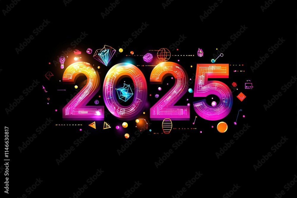 A colorful digital design displays the bold numbers for the year 2025, enhanced with bright graphics and geometric shapes, creating a festive and modern feel perfect for celebrations.