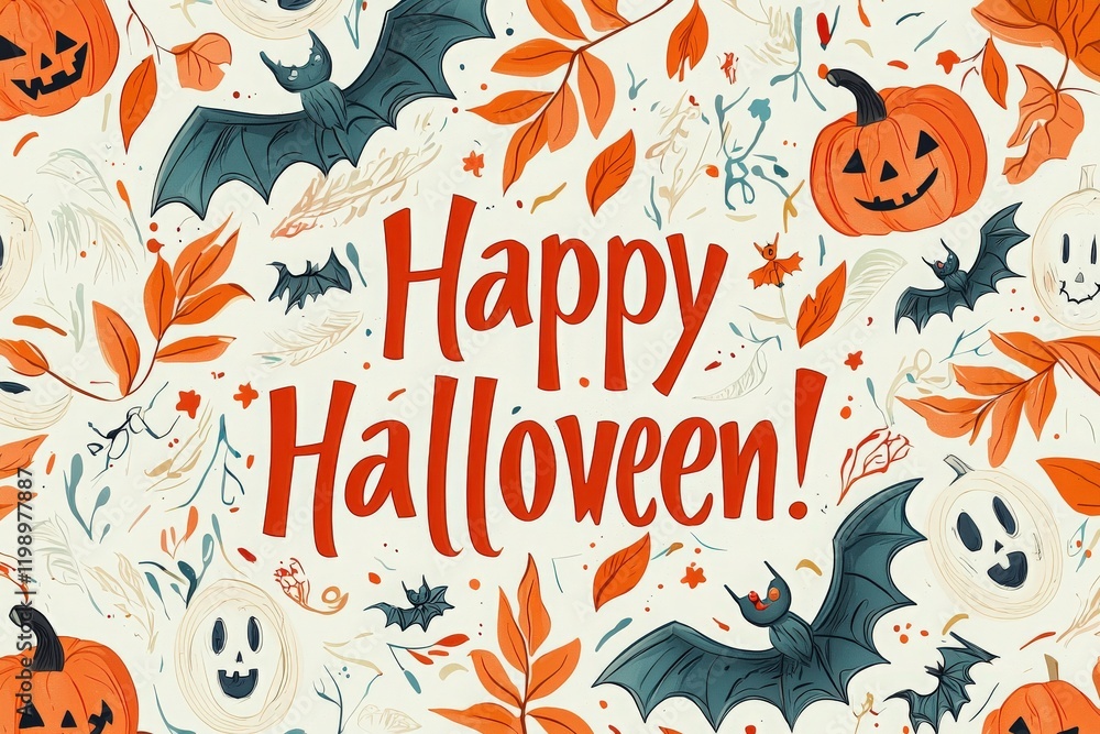 A colorful display features pumpkins, bats, and autumn leaves, highlighting the joyful spirit of Halloween with the phrase Happy Halloween in bold lettering. This design embodies seasonal festivities.