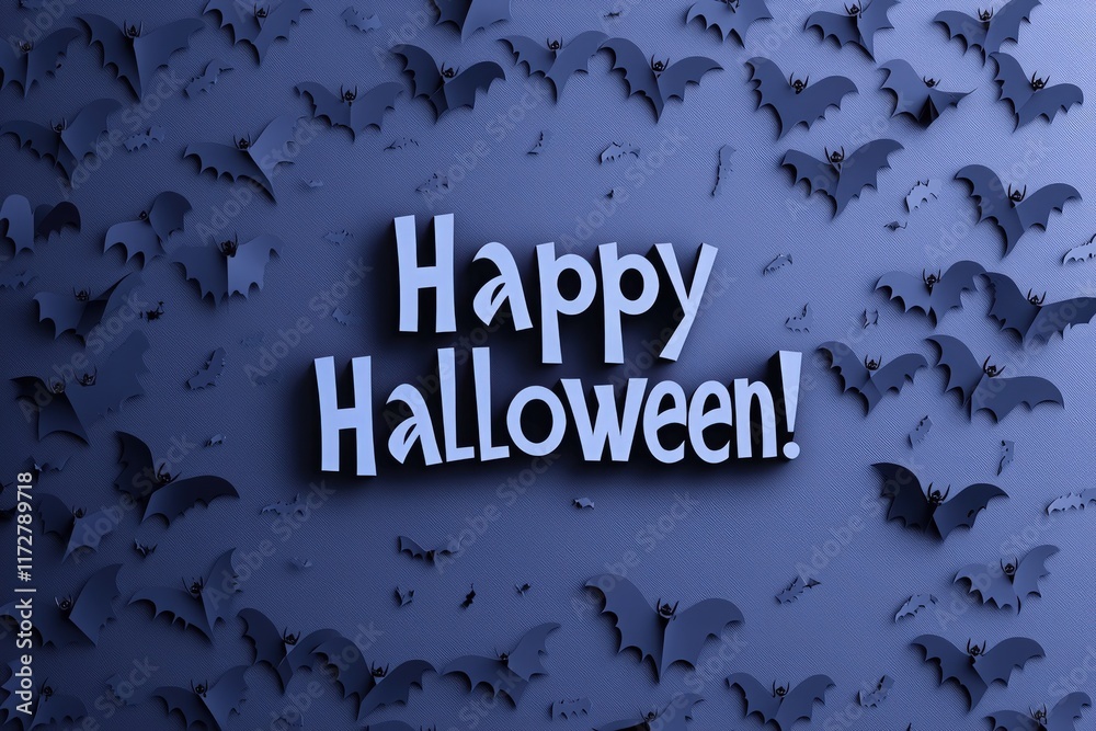 A colorful display featuring numerous bats against a dark background, with a prominent greeting that wishes everyone a Happy Halloween, capturing the spirit of the celebration.