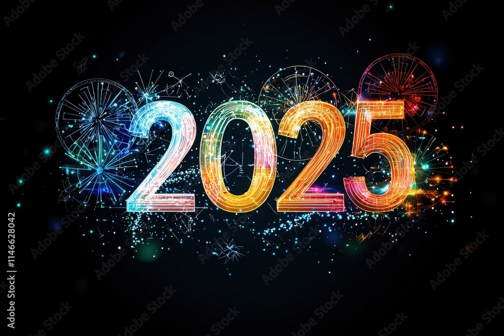 A colorful display of fireworks illuminates the night sky, celebrating the arrival of 2025. Bright lights and patterns create a festive atmosphere filled with joy and excitement.