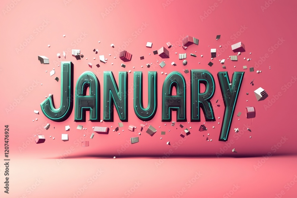 A colorful display of the word January in bold 3D letters, surrounded by floating geometric shapes against a pink background, evoking a lively and playful atmosphere.