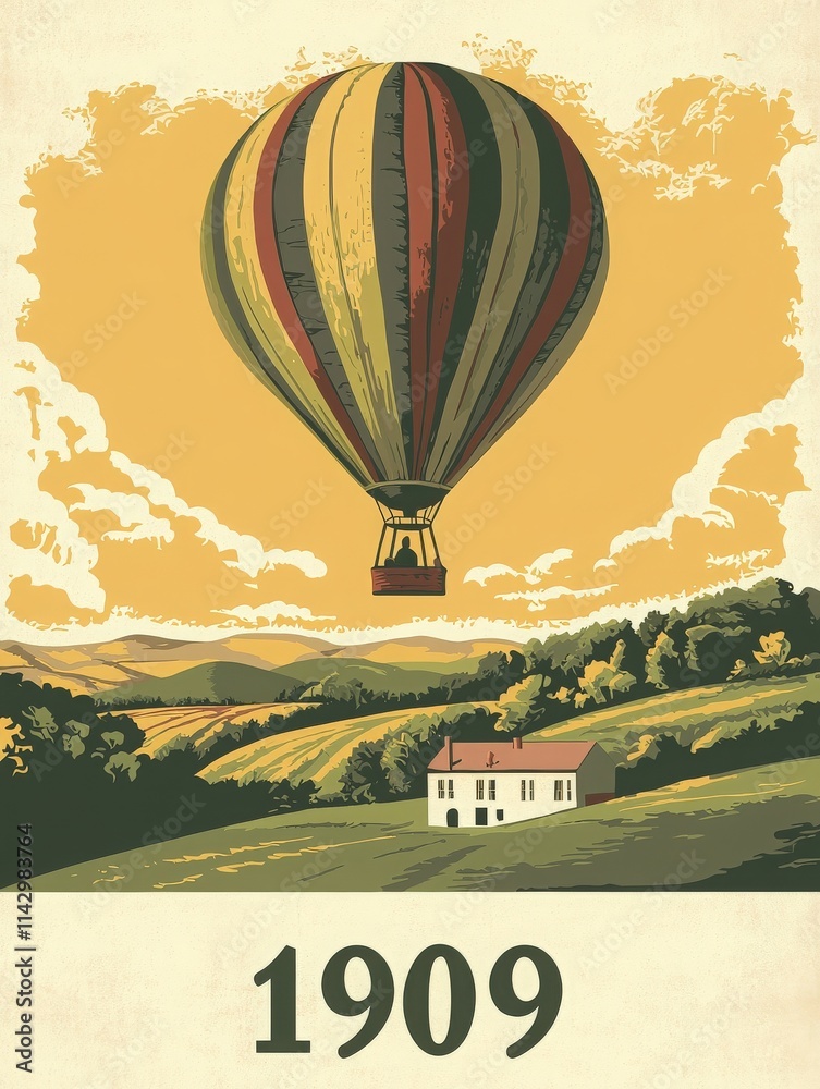 A colorful hot air balloon ascends over rolling green hills and a quaint house, capturing the adventurous spirit of 1909. The warm sky highlights the serene beauty of the scene.