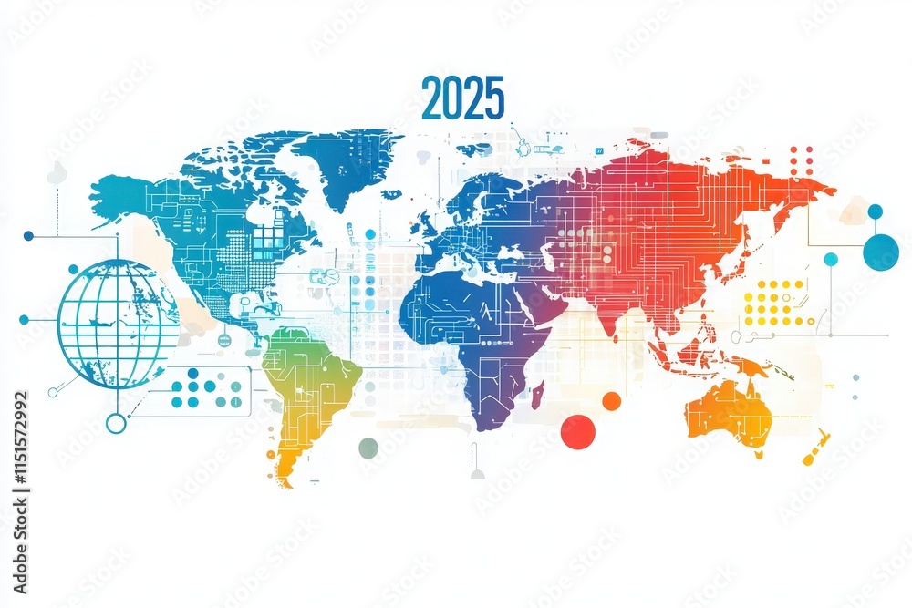 A colorful map illustrates global technology trends and connectivity for 2025, featuring vibrant shades representing different regions.