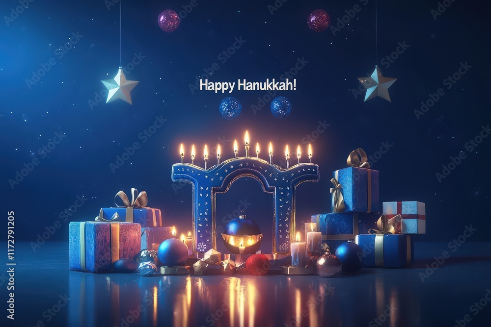 A colorful menorah with lit candles stands at the center, surrounded by wrapped gifts and ornaments. The festive setting glows under a starry background, celebrating the spirit of Hanukkah.