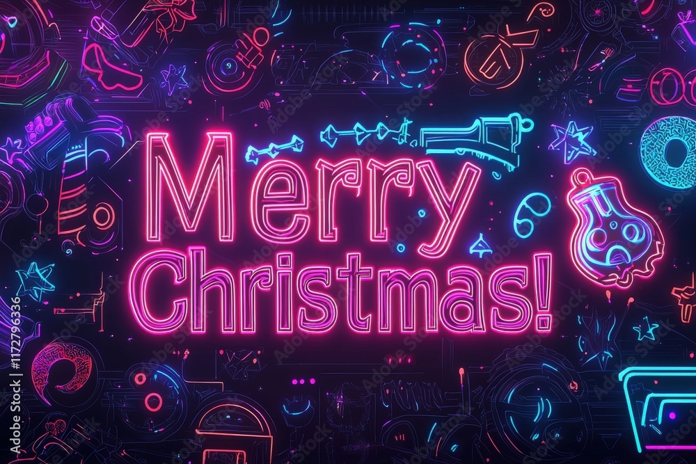 A colorful neon display showcases the greeting Merry Christmas with playful festive elements. The bright lights create a cheerful atmosphere, perfect for celebrating the holiday season.