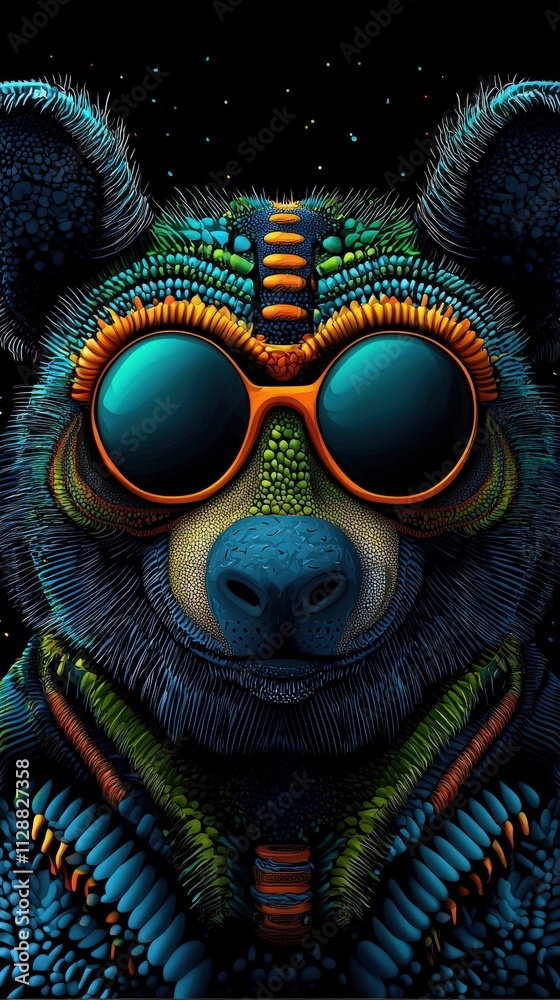 A colorful panda character adorned with large sunglasses exhibits intricate patterns and vivid colors against a dark background, highlighting creative digital artistry and imagination.
