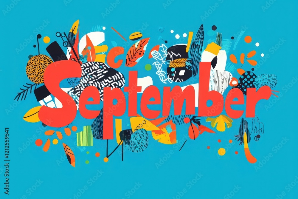 A colorful representation of September showcases various playful patterns and designs. The bright backdrop enhances the bold lettering, creating an inviting atmosphere celebrating the month.