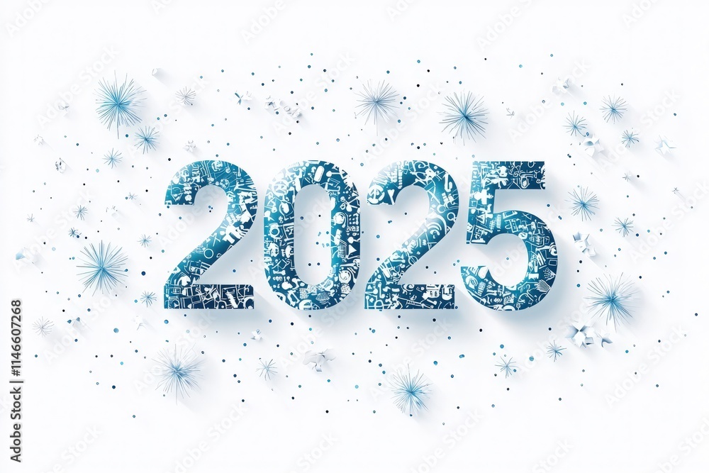 A colorful representation of the year 2025 is surrounded by vibrant stars and confetti, symbolizing celebration and excitement for the upcoming year.