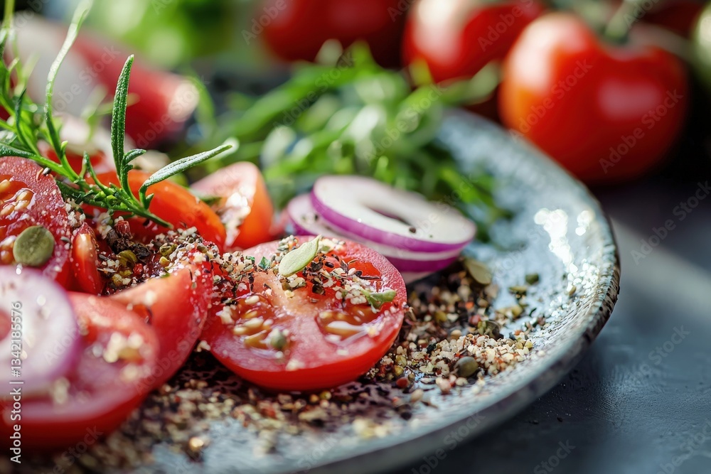 A colorful salad is elegantly arranged on a plate, featuring ripe tomatoes, thinly sliced onions, and fresh herbs. The inviting kitchen backdrop adds warmth to the presentation.