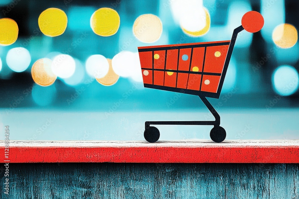 A colorful shopping cart stands out against a blurred, vibrant backdrop filled with lights. The cart features a whimsical design with dots, hinting at a lively atmosphere.