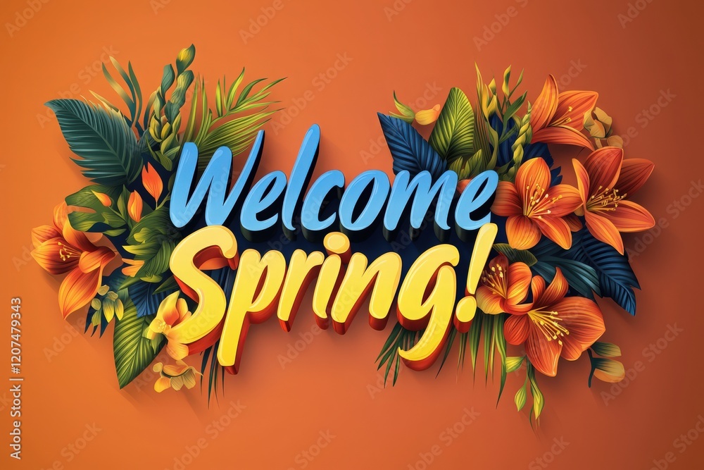 A colorful welcome sign adorned with flowers and greenery announces the arrival of spring. The design features lively orange and yellow hues, creating an inviting atmosphere for the season.