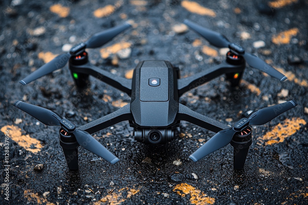 A compact drone with four propellers sits on damp asphalt, showcasing its sleek design. This scene captures a moment after flight, highlighting the surface texture and grey, cloudy sky above.