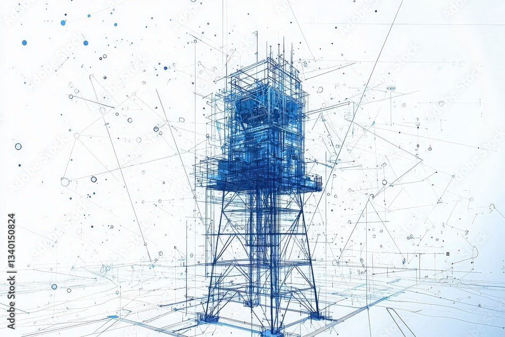 A complex blueprint visualizes a futuristic structure featuring elaborate design and technology elements. Digital lines and shapes create an architectural concept with depth and precision.