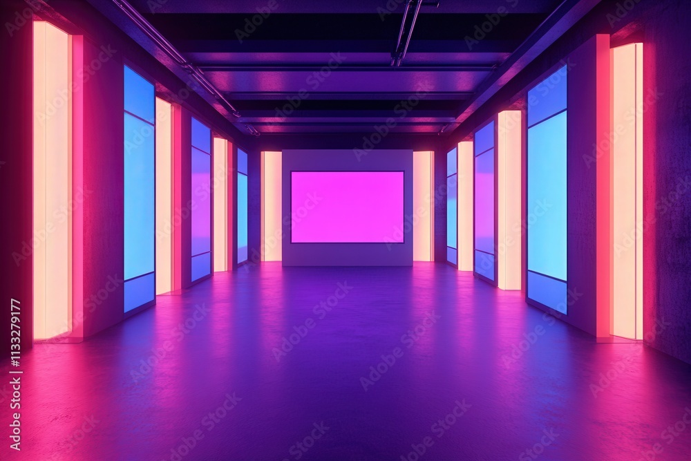 A contemporary art gallery showcases large neon lights and colorful displays on the walls. The vibrant atmosphere creates a striking visual experience for visitors.