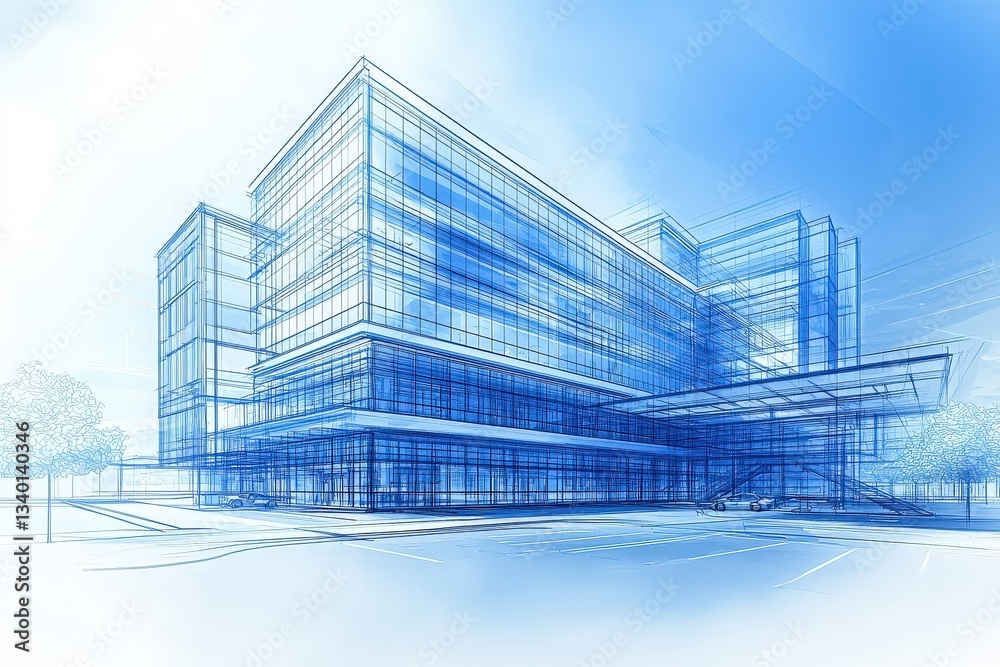 A contemporary building is depicted in a blueprint style, showcasing its glass facade and detailed architectural lines. The structure emphasizes modern design with an open layout.