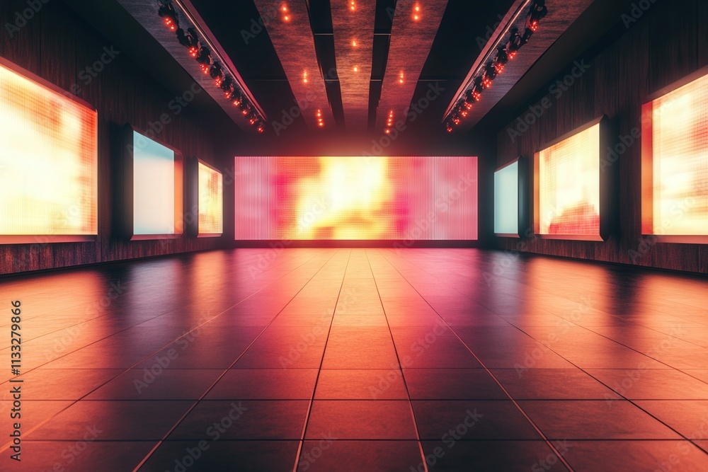 A contemporary exhibition hall features large digital screens displaying vibrant colors and patterns. The space is illuminated with warm lighting, enhancing the futuristic ambiance.