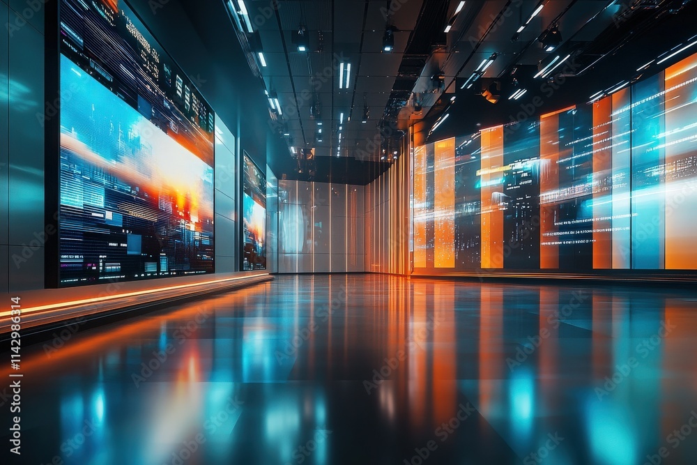 A contemporary studio space designed for presentations showcases vibrant digital screens displaying dynamic visuals.