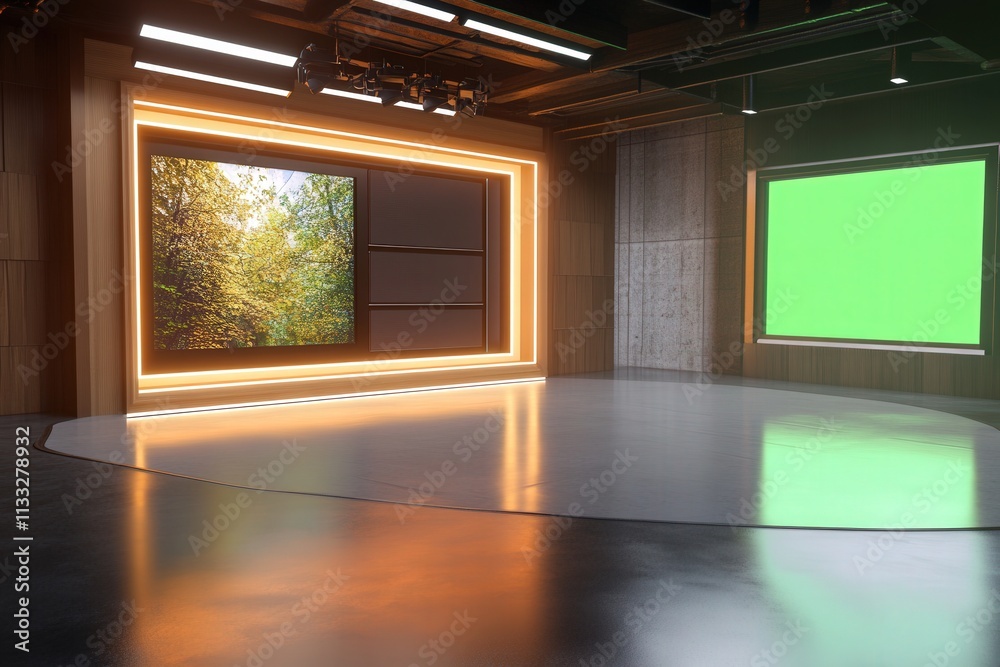 A contemporary television studio featuring two large screens displaying a natural outdoor scene and a green screen. The studio has sleek lighting and polished floors, ready for broadcasts.