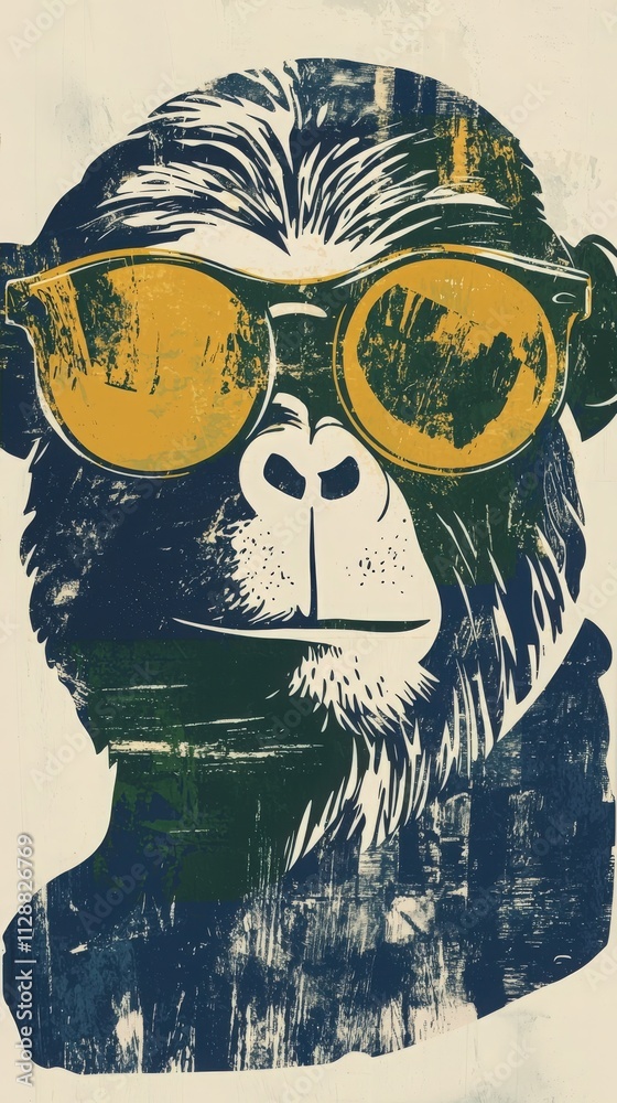 A cool monkey in oversized yellow sunglasses stands out against a textured, colorful background. The artwork evokes a playful and vibrant atmosphere with bold colors.
