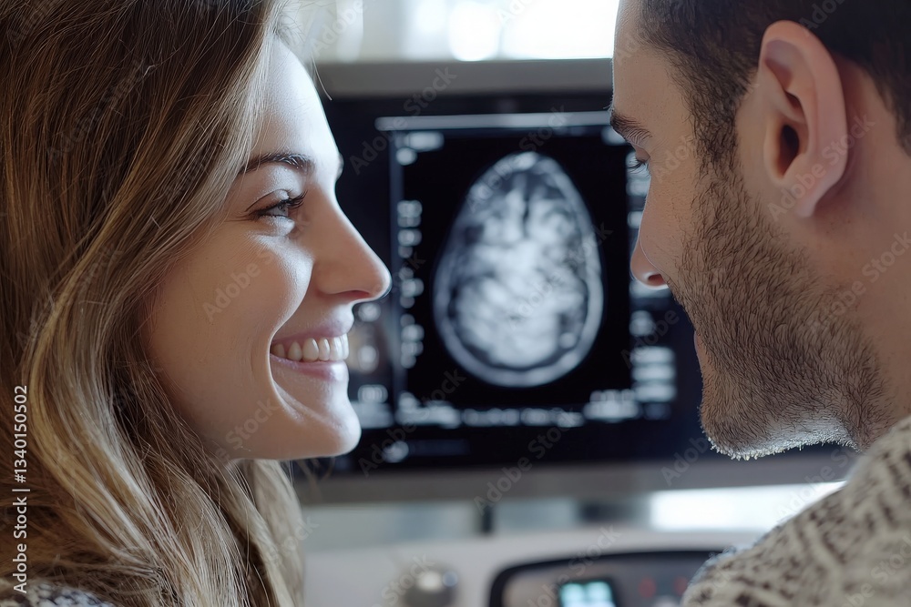 A couple smiles at each other while looking at an ultrasound image. They appear excited and connected as they prepare to welcome their new baby. The setting is cozy and warm.
