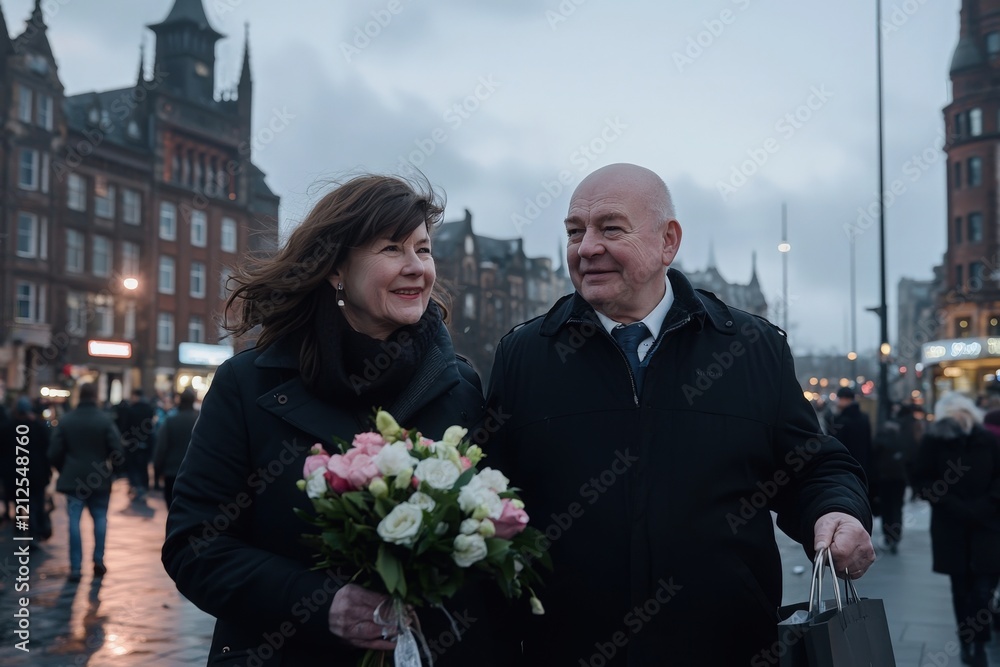 A couple walks through a bustling city center, sharing smiles and laughter. The woman carries a bouquet of flowers while the man holds a shopping bag.