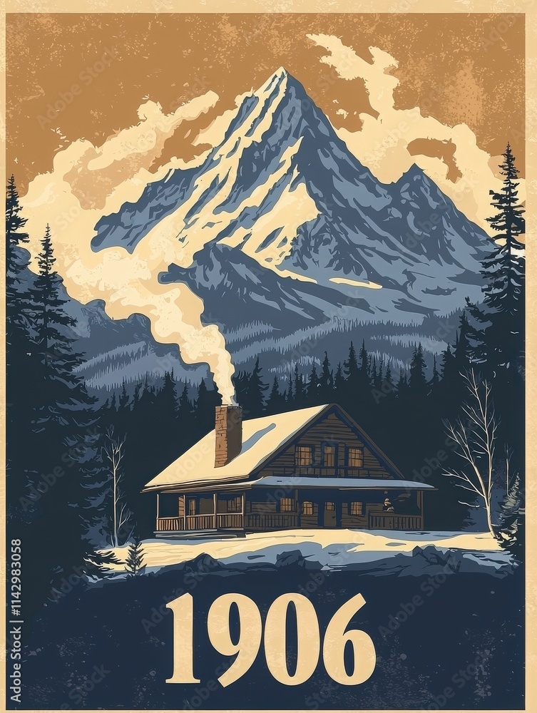 A cozy cabin nestled among tall evergreens, with snow covering the ground. Smoke billows from the chimney as majestic mountains loom in the background, suggesting a serene winter day in 1906.