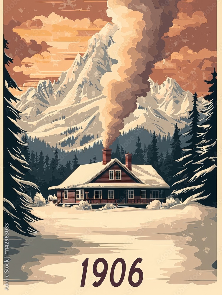 A cozy cabin sits surrounded by snow-covered trees, with smoke billowing from its chimney. Majestic mountains rise in the background, illuminated by the warm glow of a sunset.