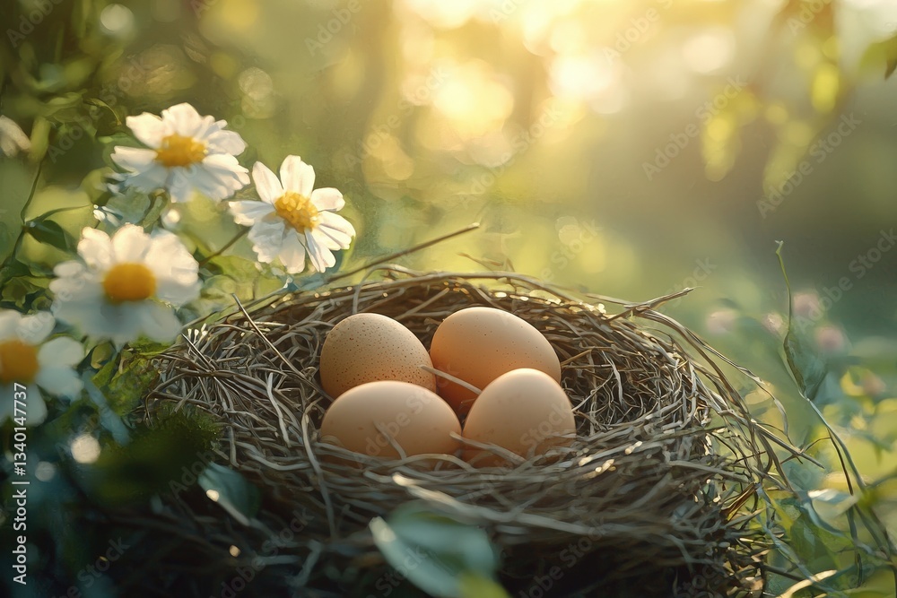 A cozy nest containing four brown eggs rests among vibrant wildflowers in a lush garden. The soft sunlight illuminates the scene, creating a peaceful atmosphere.