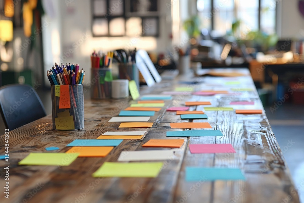 A cozy workspace is filled with colorful sticky notes scattered across a rustic wooden table.