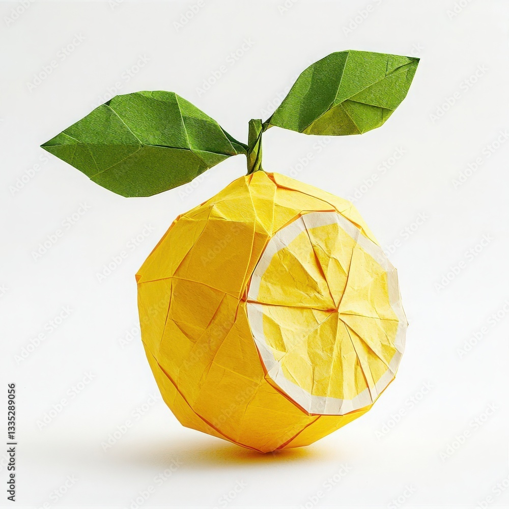 A crafted lemon made from yellow paper displays detailed origami techniques. Green leaves add a vibrant touch. This piece highlights creativity and skill in paper art.