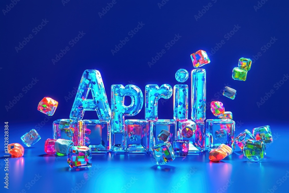 A creative arrangement of colorful ice cubes spells out April against a bright blue background. The ice has reflective qualities, creating a playful and festive atmosphere.